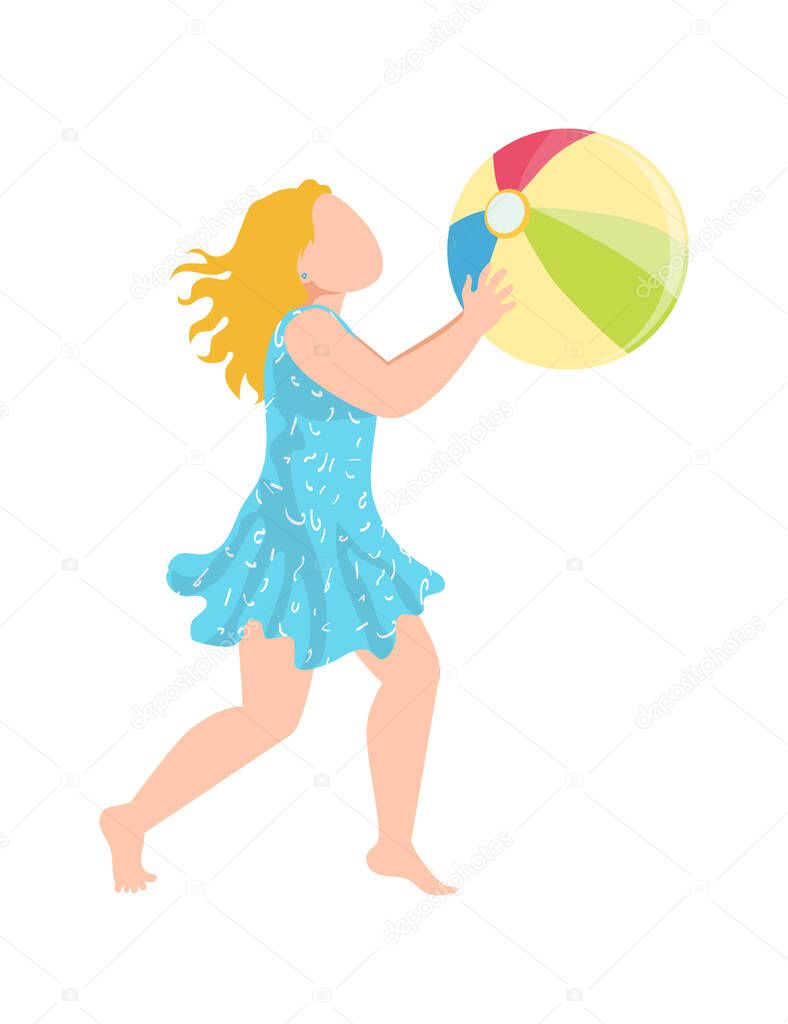 Teenager girl kid play with beach ball, tropical cheerfully spend time, children wear swimming suit cartoon vector illustration, isolated on white.