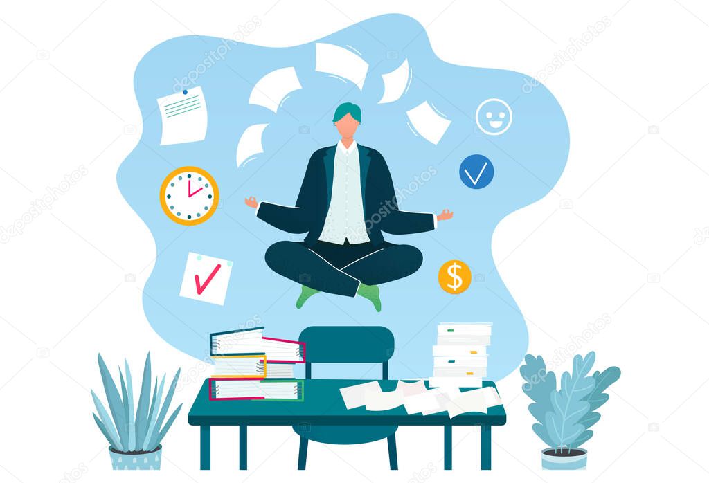 Businessman levitating meditating, concept business employment working process, workplace flat vector illustration, isolated on white.