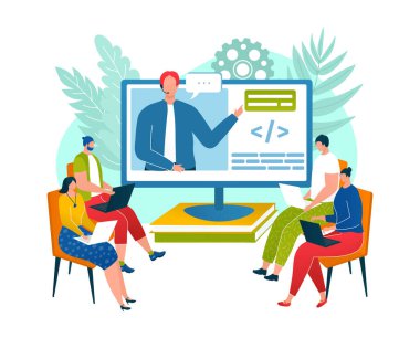 Ortak çalışma alanı, karakter erkek programcı profesyonel gelişim atölyesinde çalışan beyaz üzerine izole edilmiş vektör çizimi..