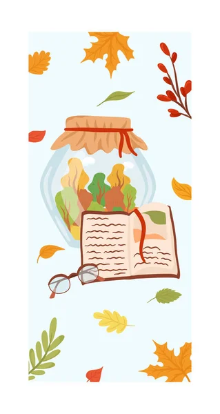 Herbst gefallene Blätter im Glas, Poster schönes Konzept Herbst organischen Laub, gemütlich gelesen Buch Poster flache Vektorillustration, isoliert auf weiß. — Stockvektor