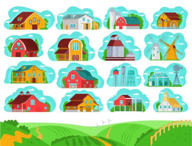 Çiftlik kırsal binaları seti, vektör çizimi. Güzel kırsal mimari, köy koleksiyonunda binalar. Köy çiftliğine giden manzara yolu