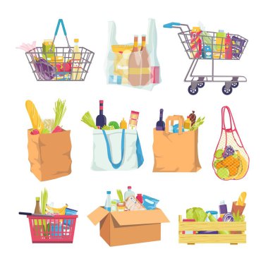 Market sepetinde market yemekleri, seyyar malzeme çizimi. Alışveriş etiketleri tasarımı için market poşetleri. Yiyecek ambalajı plastik poşette.