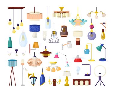 Lamba elemanı vektör illüstrasyonunu ayarladı. Klasik modern tavana monte edilmiş kristal ve abajur lambaları. Ev aydınlatma, dekorasyon nesnesi.