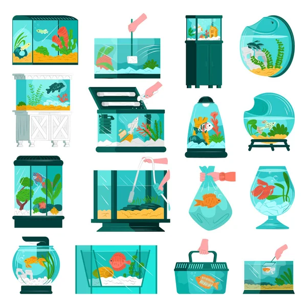 Aquarium fish and accessories, wildlife at home set, vector illustration. Flat fish swim in beautiful natural environment. Royalty Free Stock Illustrations