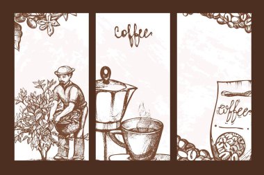 Espresso bardaklı kahve ilanı, vektör illüstrasyonlu. Aroma latteli Retro restoran afişi, kapuçino tasarımı, klasik kahve kupası sembolü.