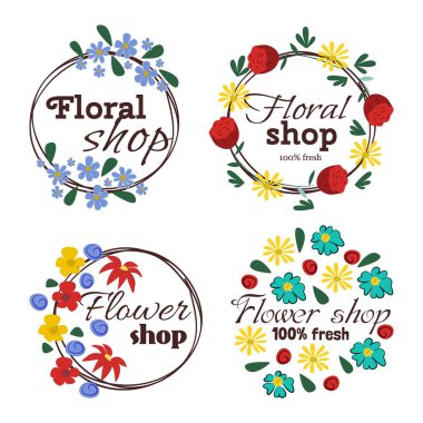 Çiçek logosu, çiçek yaprağı desenli etiket, vektör çizimi. Çiçekçi amblemi, iş unsuru vintage işareti.