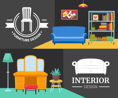 Modern mobilyalı iç tasarım, dükkan logosu seti, vektör illüstrasyonu. Ev arka planı, ev dekorasyonu ile reklam afişi.
