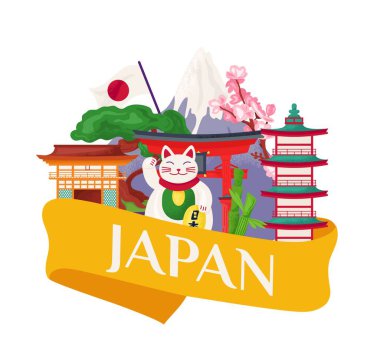 Japon kültürü, Japon Asya doğası, beyaz vektör illüstrasyonunda izole edilmiş. Geleneksel doğu sembolü, Sakura çiçeği için seyahat