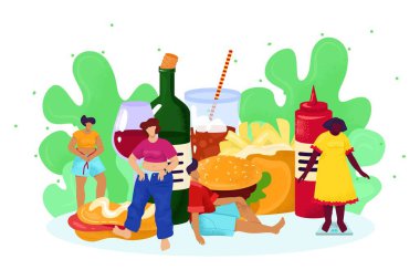 Obezite konsepti, vektör çizimi olan insanlar için sağlıksız abur cubur. Çizgi filmdeki kötü beslenmiş şişman kadın karakter..