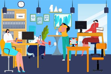 Ofis işleri rutini, vektör çizimi. Çizgi filmdeki kadın işadamları, iş yerindeki çalışanlar. Düz işçi yöneticisi