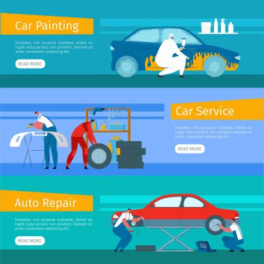 Araba tamir servisi, vektör çizimi. Çizgi film garajında çalışan erkek karakter. Otomatik mekanik konsept seti. Otomotiv bakımı, otomobil boyama