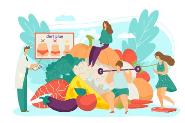 Doktor sağlıklı beslenme geliştirir, beslenme uzmanı kadın kilo kaybı, vektör illüstrasyonu için yemek gösterir. Beslenme planı için düz danışma