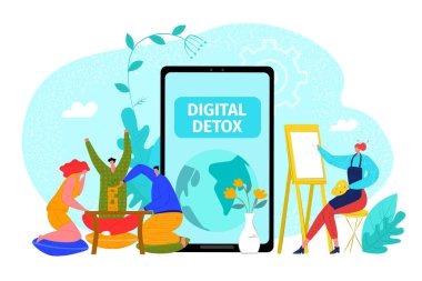 Dijital detoks, cihaz konsepti olmadan iletişim, vektör illüstrasyonu. Devasa akıllı telefon teknolojisinden çık, internet kullanıcısı bağlantısını kes