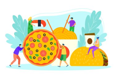 Fast food yemeği, vektör çizimi. Büyük bir fast food çizgi filminin yanında kadın erkek karakteri, kafede abur cubur yiyen küçük kız..