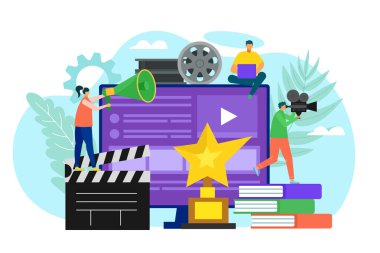 Ekranda film çekme teknolojisi, kamera tarafından profesyonel film yapımı, vektör illüstrasyonu. Stüdyo konseptinde sinema eğlencesi