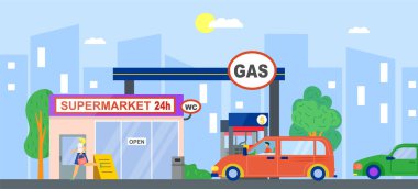 Benzin istasyonu, araba benzini, vektör çizimi. Benzini olan düz servis, taşımacılık için petrol enerji pompası. Çizgi film dizel dolum endüstrisi