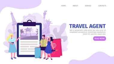 Seyahat acentesi iş konsepti, vektör çizimi. Erkek kadın karakter tasarım sigortası şirkette. İniş pankartı. Yolculukta emniyet