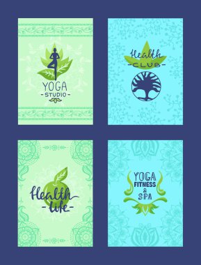 Yoga spa broşürü tasarımı, vektör illüstrasyonu. Sağlık sigortası arka plan pankartı, doğa dekorasyonu unsurlu güzellik salonu kartı..