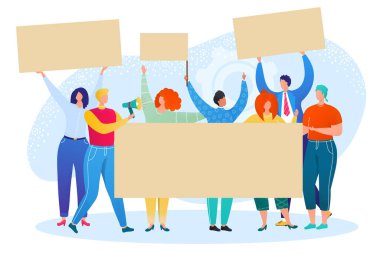 Kalabalık grup, pankart, aktivist gösteri vektörü illüstrasyonuyla protesto ediyor. Kadın erkek karakteri grevde, siyasi devrim.