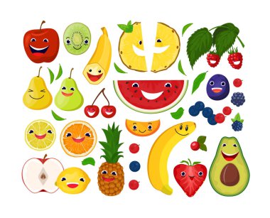 Çizgi film gülümseyen meyve meyveleri koleksiyonu, vektör illüstrasyonu. Doğal organik ürün konseptiyle vücudu arındırmak, taze vejetaryen yiyecekler..