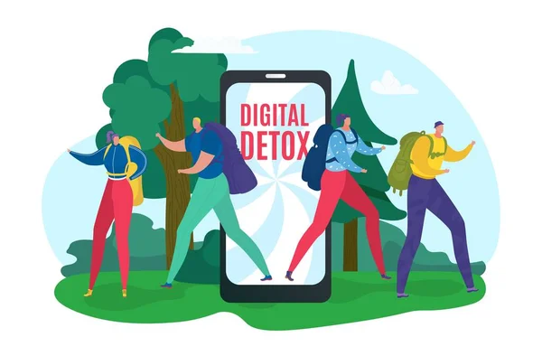 Offline zařízení, odpojení internetu pro digitální detox od plochého smartphonu, vektorová ilustrace. Muž žena charakter opustit mobilní technologie. — Stockový vektor