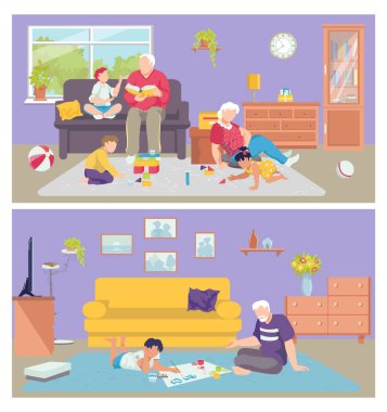 Büyükbaba ve büyükbabayla çocuk oyunu, vektör çizimi. Mutlu çocuk karakteri olan son sınıf erkek kadın. Çizgi film ailesi kanepede oturuyor.