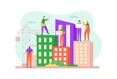 Ev inşaatı, vektör çizimine yakın mühendis ekibi. Mimarlık endüstrisi, işçi karakter mühendisliği mimari konsepti.