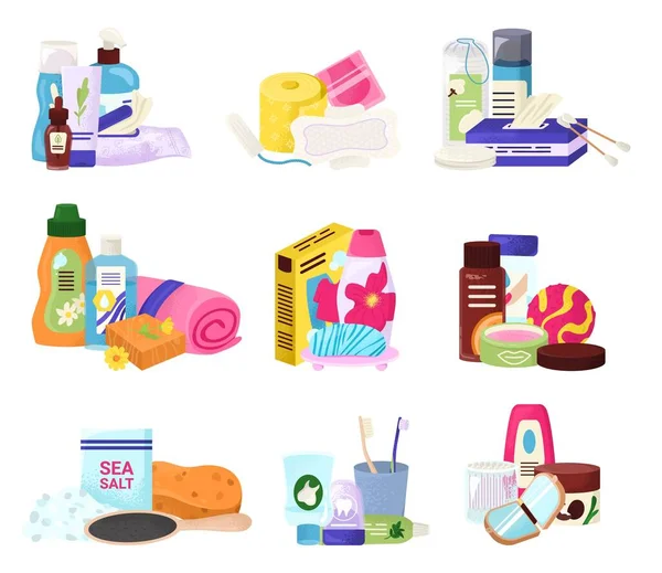 Juego de productos de baño higiénico, ilustración vectorial. Cuidado de la belleza por jabón, botella de champú, líquido y cosmética colección icono de aerosol. Recipiente de plástico plano — Vector de stock