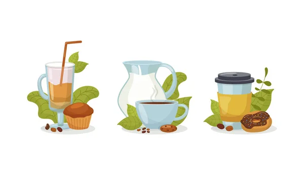 Bebida de café em conjunto de coleta de xícara, ilustração vetorial. Bebida quente em caneca, latte, café expresso, chocolate delicioso. Bebida de desenhos animados com sobremesa —  Vetores de Stock