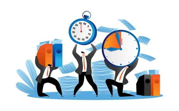 Manager hålla deadline klocka koncept, vektor illustration. Affärsmän anställda karaktär arbete för time management. Tecknad kontorsarbetare — Stock vektor