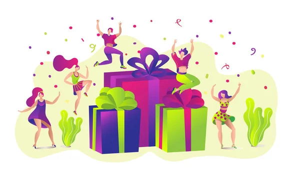 Caja de regalo, regalo plano para el concepto de personaje de mujer hombre feliz, ilustración vectorial. Celebración de cumpleaños, sorpresa de vacaciones de dibujos animados. — Vector de stock