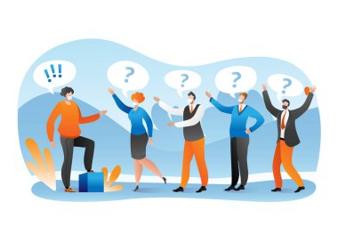 Kişinin karakteri, vektör illüstrasyonundan iş sorusu ile toplantı. Konuşma baloncuğu olan kadın erkekler liderleriyle konuşur. Çizgi film iletişimi