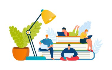 Bilgiyi kitabına göre oku, öğrenci eğitim konsepti vektör illüstrasyonunu elde etsin. Erkek kadın karakterler kütüphanede öğrenir. Bilgi oku