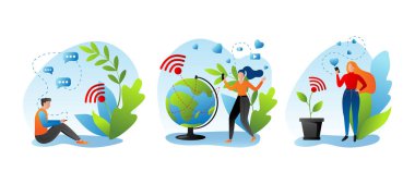 İnsanlar için internet konsepti, vektör illüstrasyonu. Düz ağ teknolojisi, karikatür çevrimiçi kablosuz sosyal medya. Elektronik aygıt