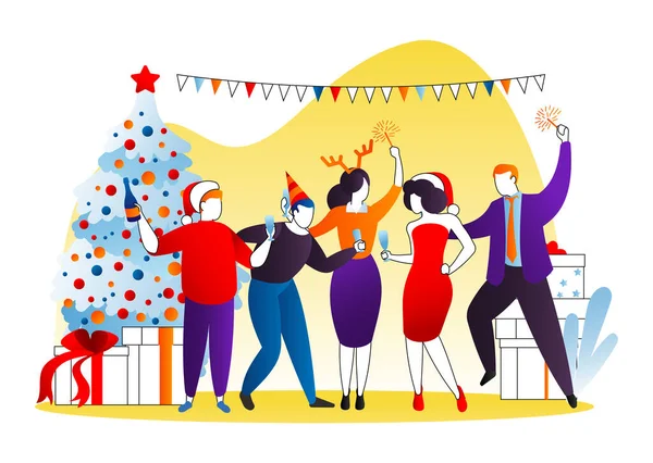 Karácsonyi parti, vektor illusztráció. Boldog rajzfilm emberek férfi nő karakter ünnep vállalati ünnep, szórakoztató üzleti csoport ünneplik újév. — Stock Vector