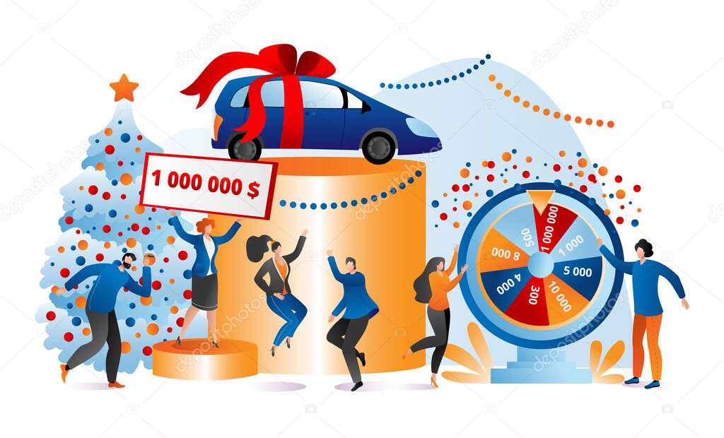 Win prize at christmas lottery, vector illustration. Happy people get cartoon present concept, man woman character near huge award.
