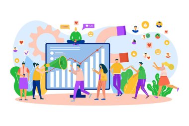 İş dünyası sosyal pazarlama, vektör illüstrasyonu. Ağ pazarı konsepti. Müşteri arama stratejisi medya ve internet üzerinden. İnsanlar online çalışıyor.