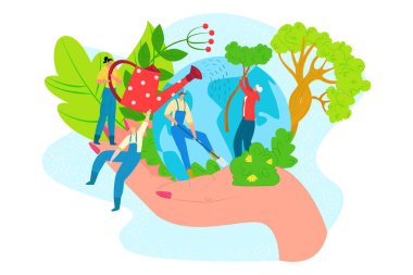 Dünya ekolojisini, dünya çevre konsepti vektör illüstrasyonunu kurtar. Yeşil gezegendeki erkek kadın karakter doğayı önemser..