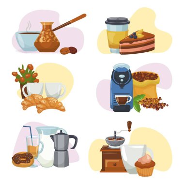 Kahve fincanı seti, kafe içeceği konsepti, vektör illüstrasyonu. Sıcak içecek tasarımı, cappuccino, karikatür kupası koleksiyonunda latte. Pişmiş espresso.