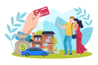 Alışveriş için finansal kredi, vektör illüstrasyonu. Erkek kadın karakter banka kartını depozito ve alım için kullanır. Ekonomi iş hizmeti