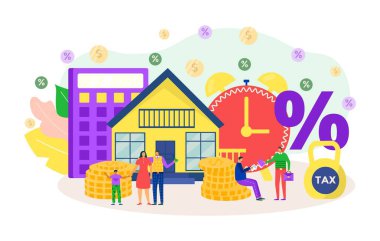 Kredi parası konsepti, vektör çizimi. İşletme ödemeleri için sabit finansman, büyük bir evin yanında bankacılık kartı olan kadın karakterli insanlar..