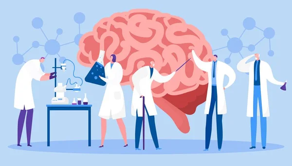 Studera hjärnan i laboratorium, vektorillustration. Forskare forskar i mänskligt sinne. Läkare diagnostiserar patient, experiment. — Stock vektor