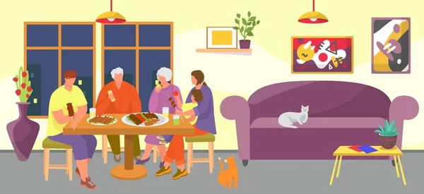 Keluarga makan di rumah, vektor ilustrasi. Happy dinner with people, mother, father, daughter, grandparents sit at table together. - Stok Vektor