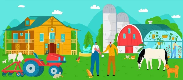 Рукопожатие фермера с плоским бизнесменом на ферме, векторная иллюстрация. Мужчины встречаются и держатся за руки, работа по сбору урожая органических продуктов питания. — стоковый вектор