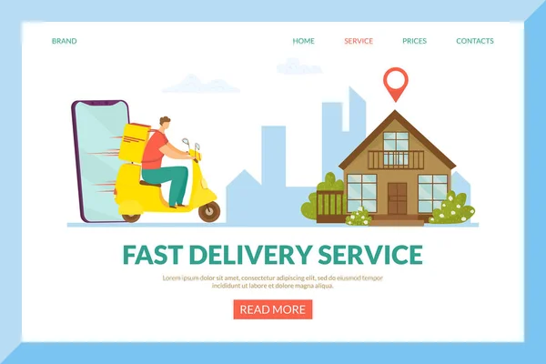 Snabb leverans med online smartphone orderservice, webbsida vektor illustration. Courier ride scooter till hemmet, expressfrakt företag — Stock vektor