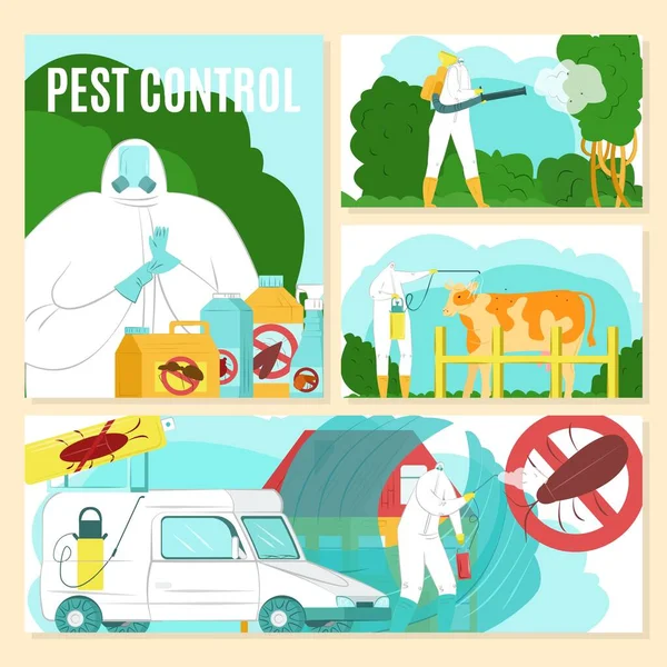 Controle de pragas com equipamento de pulverização, ilustração vetorial. Proteção química contra insetos de desenhos animados, serviço de segurança por prevenção tóxica, conjunto de banners. — Vetor de Stock