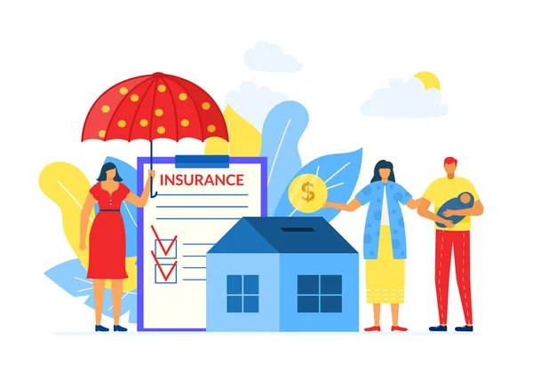 Family property house insurance, vector illustration. Flat business service for finance care protection, woman agent character save couple house — Stock Vector