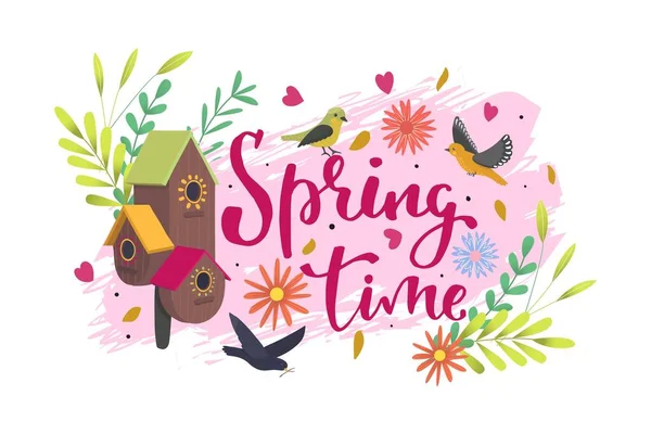 Spring time banner, vector illustration. Poster with lettering text design, graphic season greeting at card. Cartoon bird, nature decoration — Stock Vector