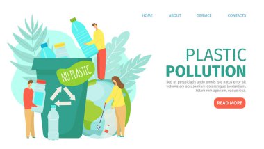 Gezegen ekolojisindeki plastik kirliliği, vektör çizimi. İnsanlar yeşil doğa, çöp geri dönüşüm kavramına önem verirler..