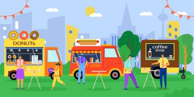 Park 'ta sokak yemeği, vektör çizimi. İnsanlar açık havada yemek kamyonunun yanında yürüyor. Çizgi film dükkanlarının tasarladığı düz şehir festivali. İçkili kafe minibüsü.